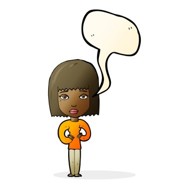 Kendini konuşma baloncuğuyla gösteren karikatür kadın.