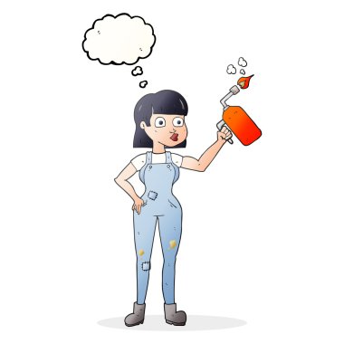 kabarcık karikatür kadın kaba pamuklu tulum içinde düşündüm