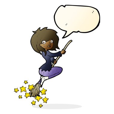 Çizgi film cadısı konuşma baloncuğu ile süpürgeye biniyor