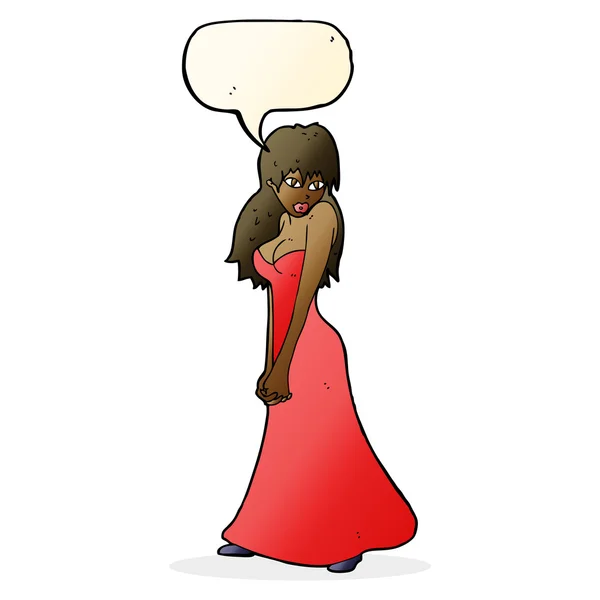 Cartoon mooie vrouw in jurk met tekstballon — Stockvector
