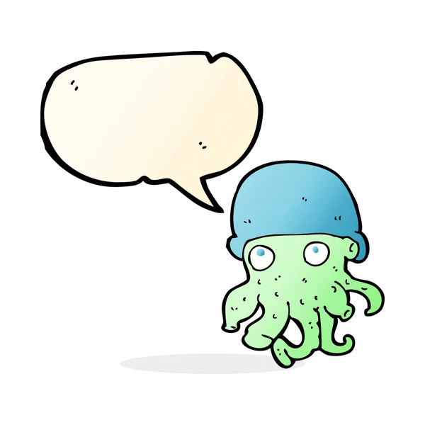 Dibujos animados cabeza alienígena usando sombrero con burbuja de habla — Vector de stock