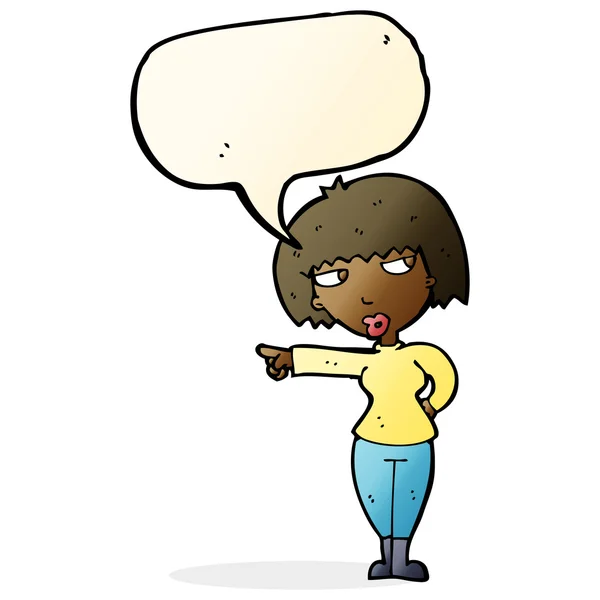 Cartoon annoyed woman pointing with speech bubble — Stock Vector