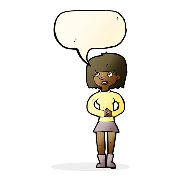 Desenho animado mulher amigável com bolha de fala — Vetor de Stock
