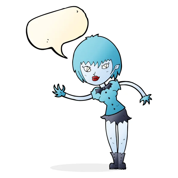 Cartoon vampiro menina dando boas-vindas com bolha de fala — Vetor de Stock