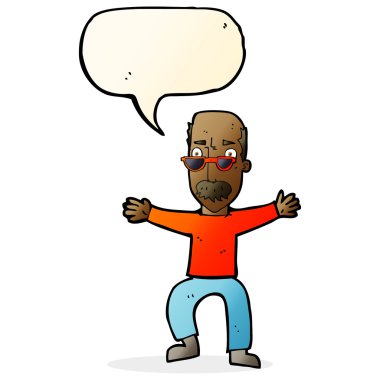 Karikatür ihtiyarı konuşma baloncuğuyla kollarını sallıyor.