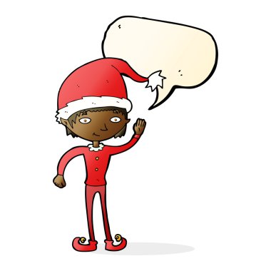 Çizgi film konuşma balonuyla Noel elfini sallıyor.