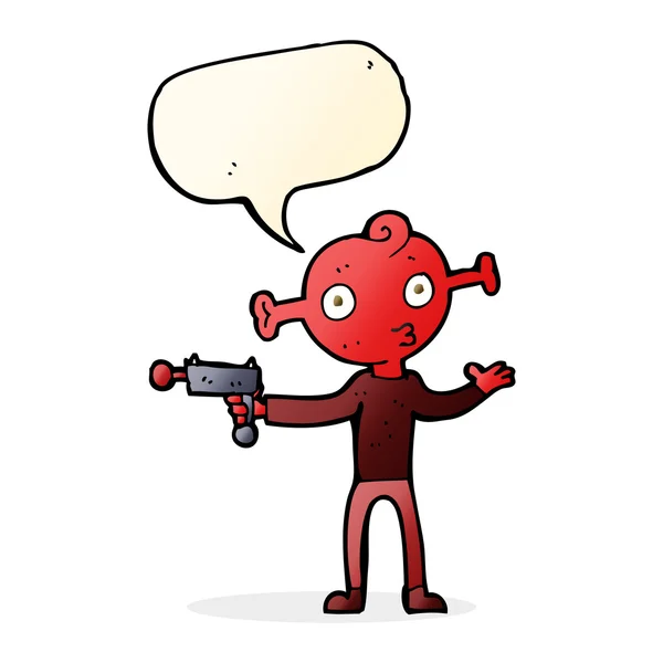 Dibujos animados alienígena con pistola de rayos con burbuja de habla — Vector de stock