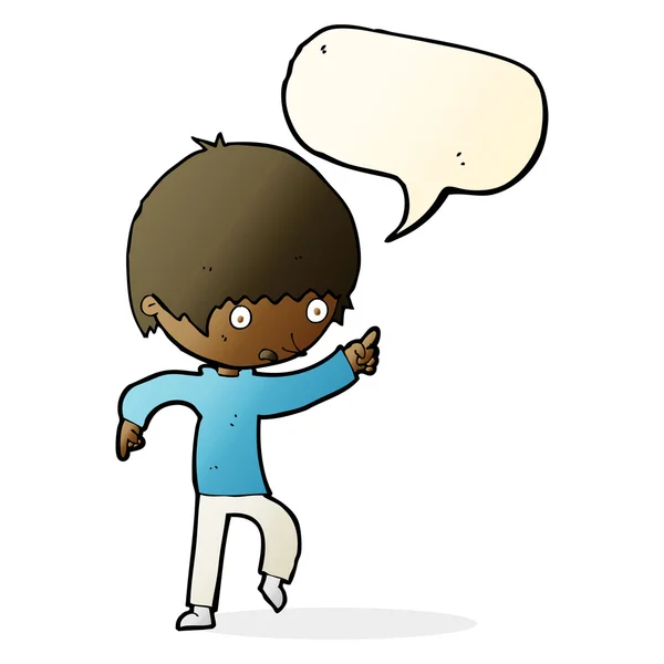 Cartoon worried boy pointing with speech bubble — Stock Vector