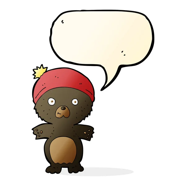 Cartoon cute black bear in hat with speech bubble — Stock Vector