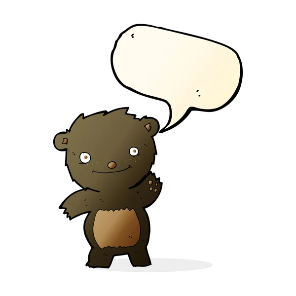 Cartoon waving black bear cub with speech bubble — Stock Vector