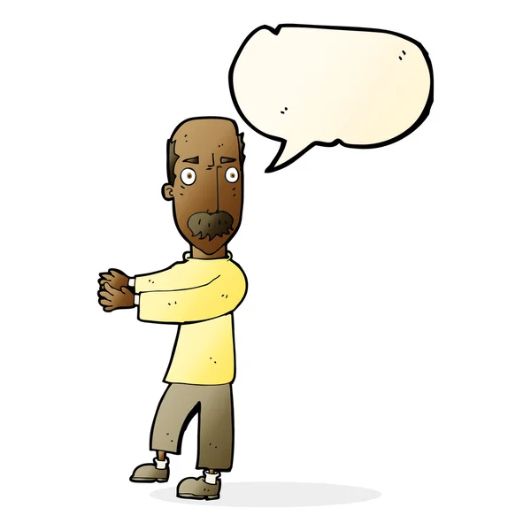Καρτούν φαλάκρα άνθρωπος εξηγώντας με φούσκα ομιλία — Διανυσματικό Αρχείο