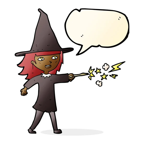 Cartoon witch girl casting spell with speech bubble — Stock Vector