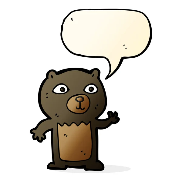 Cartoon waving black bear cub with speech bubble — Stock Vector