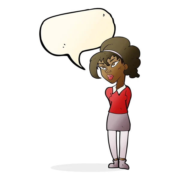 Cartoon mooi meisje kantelen hoofd met spraakbel — Stockvector