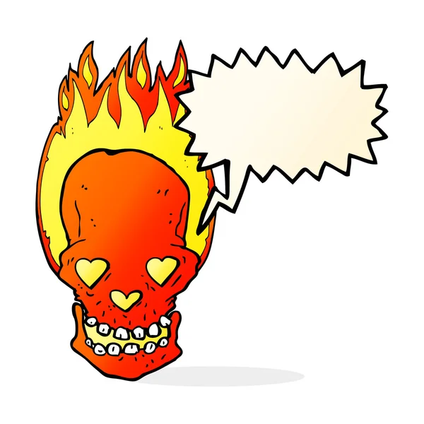 Cartoon flaming skull with love heart eyes with speech bubble — Stock Vector