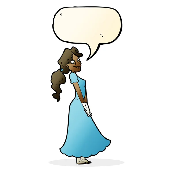 Dibujos animados mujer bonita en vestido con burbuja de habla — Vector de stock