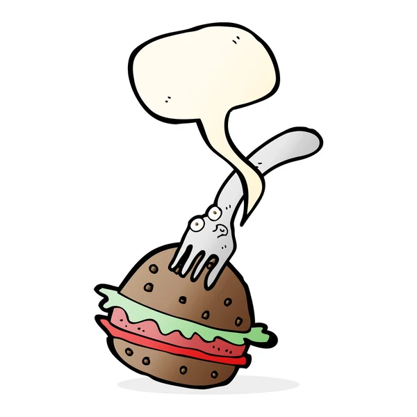 Garfo de desenhos animados e hambúrguer com bolha de fala —  Vetores de Stock