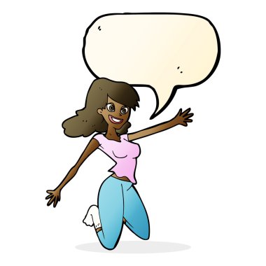 Konuşma baloncuğu olan çizgi film zıplayan kadın