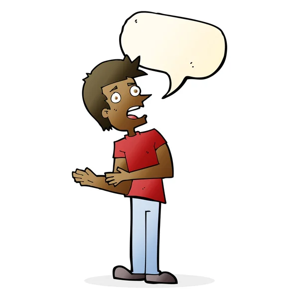 Γελοιογραφία άνθρωπος κάνει δικαιολογίες με φούσκα ομιλία — Διανυσματικό Αρχείο