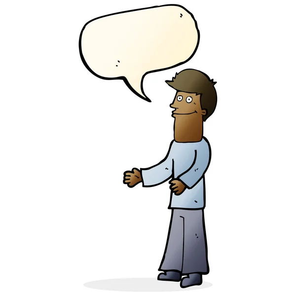 Καρτούν άνθρωπος shrugging ώμους με φούσκα ομιλία — Διανυσματικό Αρχείο