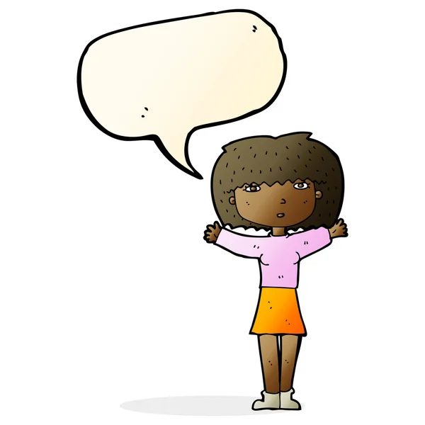 Femme dessin animé levant les bras dans l'air avec bulle de parole — Image vectorielle