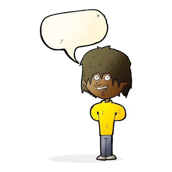 Cartoon gelukkig scruffy jongen met spraak zeepbel — Stockvector