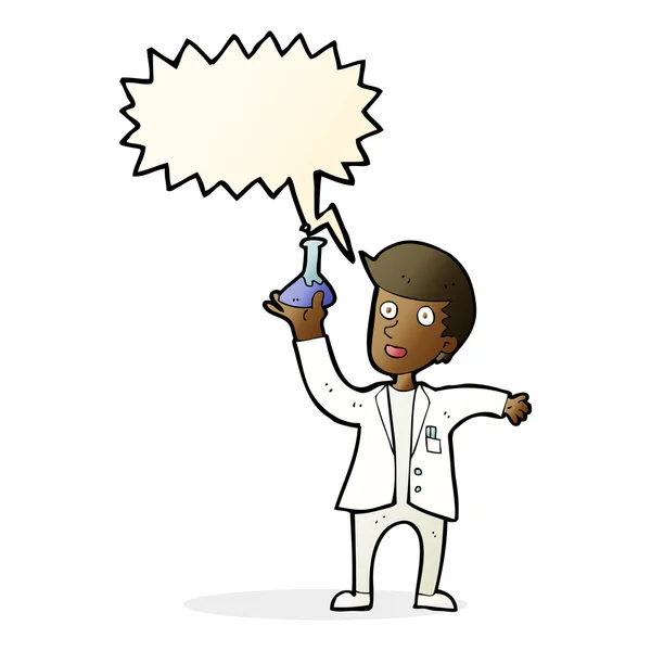 Cartoon happy scientist with speech bubble — Stock Vector