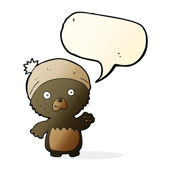 Cartoon cute teddy bear in hat with speech bubble — Stock Vector