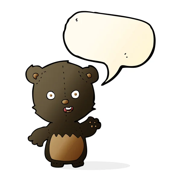 Cartoon waving black bear cub with speech bubble — Stock Vector