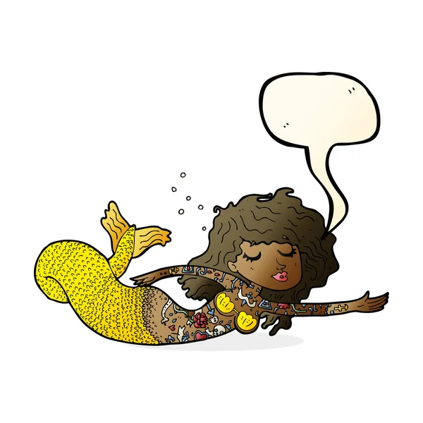 Karikatur Meerjungfrau mit Tattoos mit Sprechblase bedeckt — Stockvektor