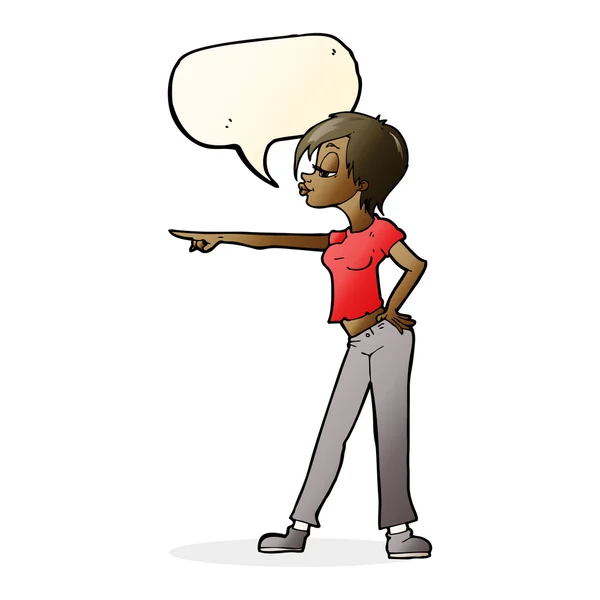 Cartoon hip mulher apontando com bolha de fala —  Vetores de Stock