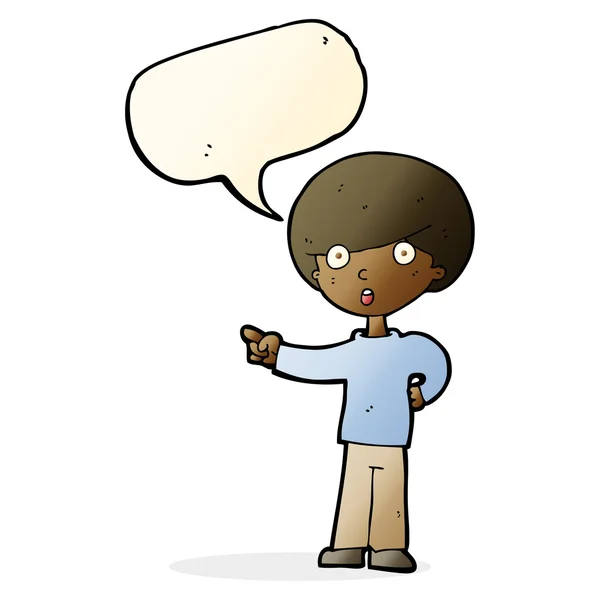 Desenho animado apontando menino com bolha de fala — Vetor de Stock