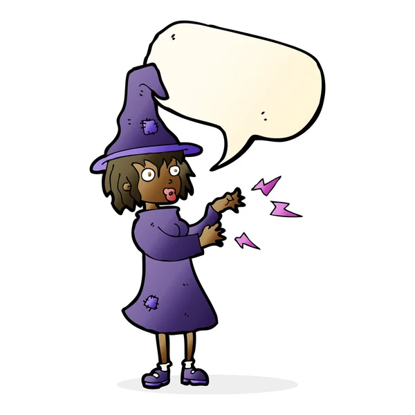 Cartoon witch casting spell with speech bubble — Stock Vector