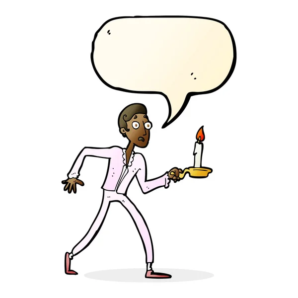 Γελοιογραφία φοβισμένος άνθρωπος περπάτημα με Κηροπήγιο με ομιλία bubb — Διανυσματικό Αρχείο