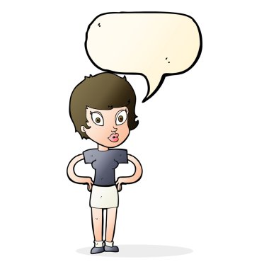 Kalçasında konuşma balonu olan çizgi filmdeki kadın.