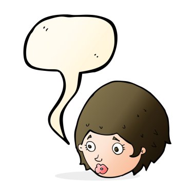 Konuşma baloncuğuyla ilgili endişeli ifadesi olan çizgi film kızı.