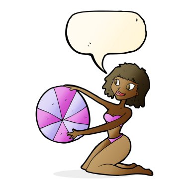 Konuşma balonlu plaj topu olan bikinili kız.