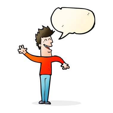 karikatür mutlu bir adam ile konuşma balonu sallayarak