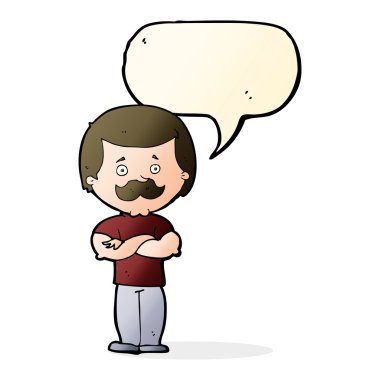 Konuşma baloncuğu olan erkek bıyıklı çizgi film adamı.