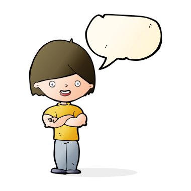 Konuşma baloncuğuyla çapraz kollu çizgi film adamı.