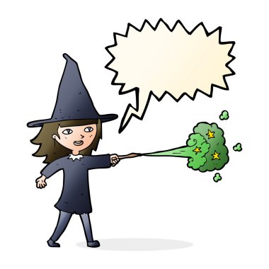 Çizgi film cadısı kız konuşma balonuyla büyü yapıyor.