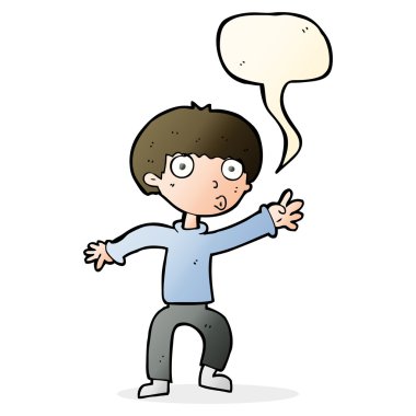 Çizgi filmci çocuk konuşma balonuyla uyarı sallıyor.