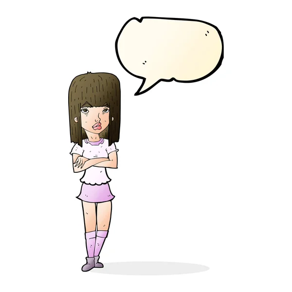Cartoon meisje met gekruiste armen met spraakbel — Stockvector