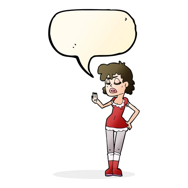 Cartoon woman making dismissive gesture with speech bubble — Stock Vector