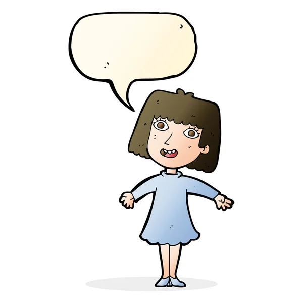 Dibujos animados mujer feliz en vestido con burbuja de habla — Vector de stock