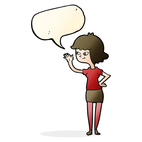 Karikatura přátelský dívka mává s řeč bublina — Stockový vektor