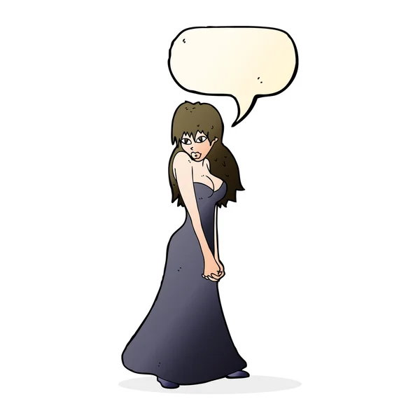 Cartoon pretty woman in dress with speech bubble — Stock Vector