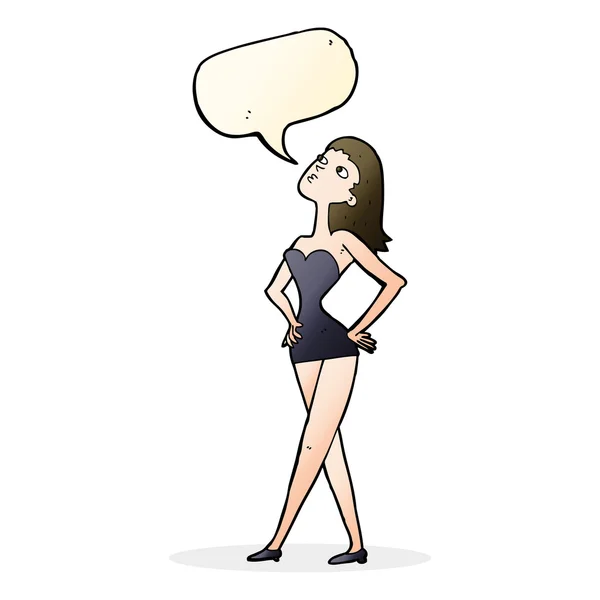 Cartoon woman in party dress with speech bubble — Stock Vector