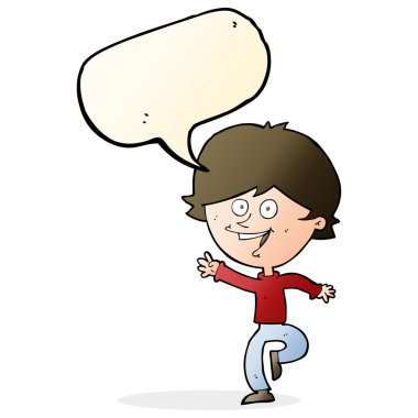 Çizgi film mutlu, konuşma balonlu çocuk.