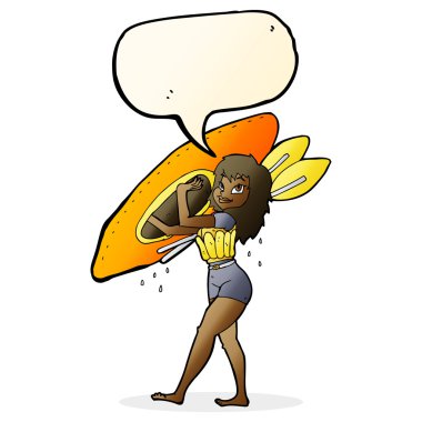 Konuşma balonlu kano taşıyan karikatür kadın.